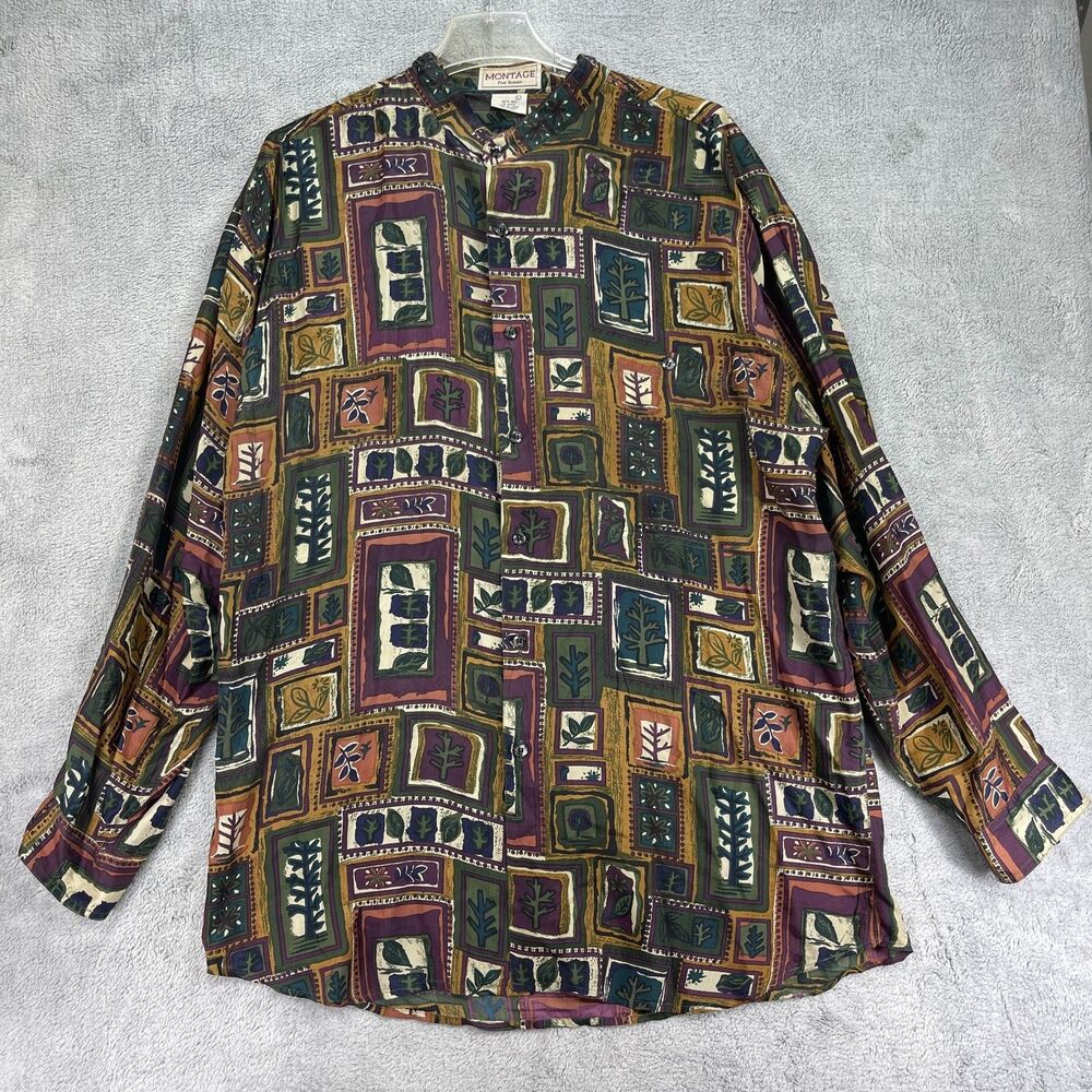 Montage Shirt Men's Large Multicolor Printed Silk Casual Long Sleeve Button Up